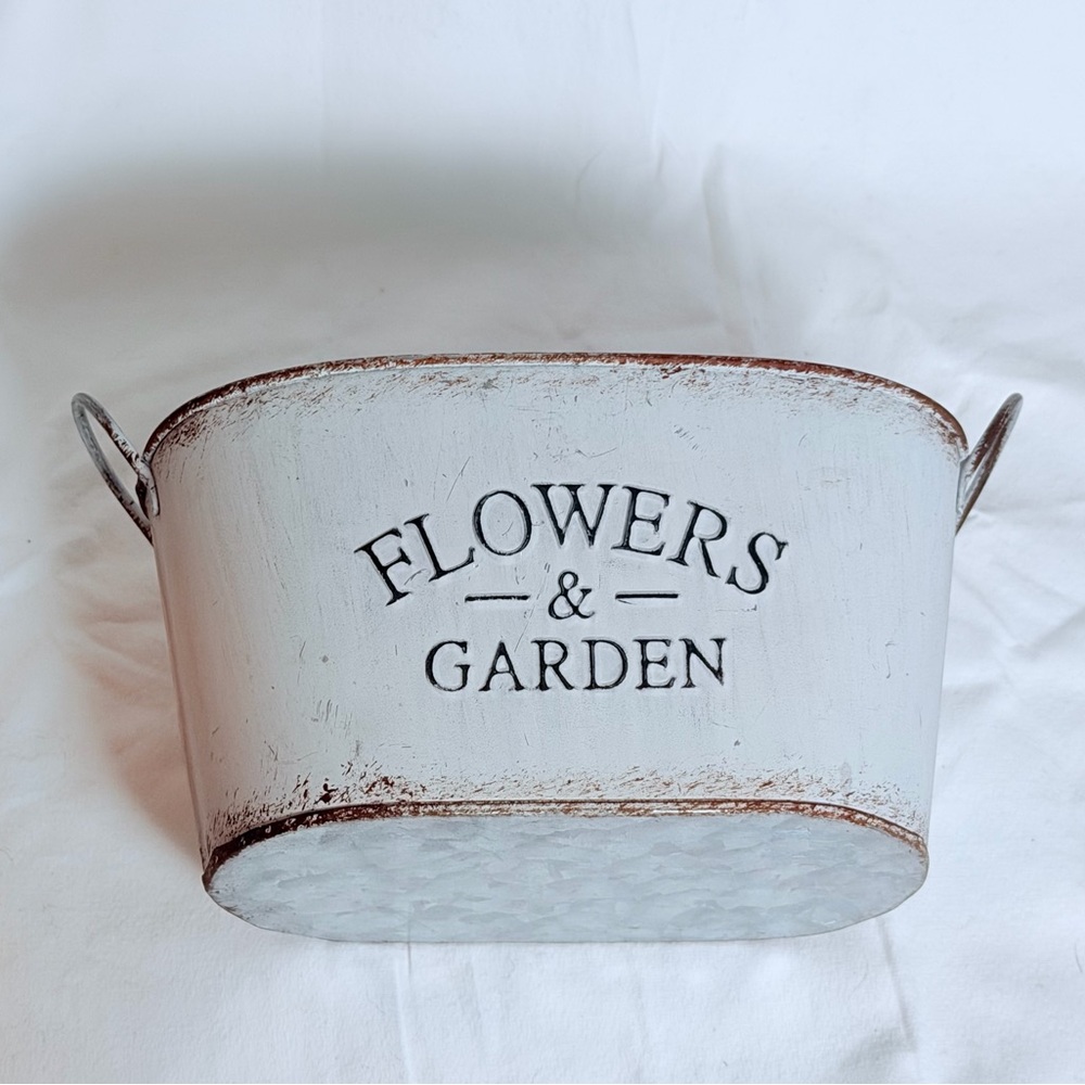 Rustic Galvanized Metal “Flowers & Garden” Oval Planter Bucket - Picture 2 of 10